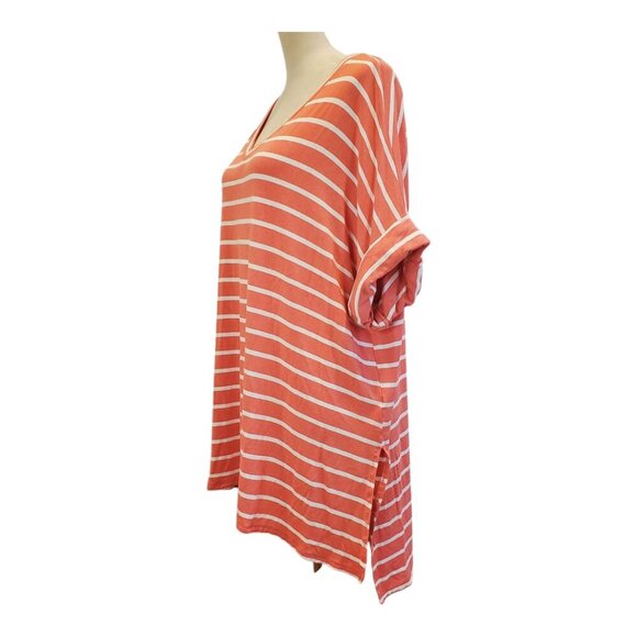 2 ZENANA SZ 1X Rolled Short Sleeve V-Neck Tops Coral Stripe & Olive Brown - Picture 4 of 10